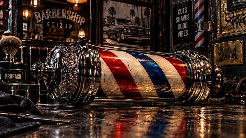 Original barber pole artwork inspired by classic barber culture and American street style.