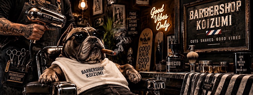BARBERSHOP KOIZUMIのオリジナルバーバーアート。ピットブルとクラシックなバーバーショップを描いたイメージ。