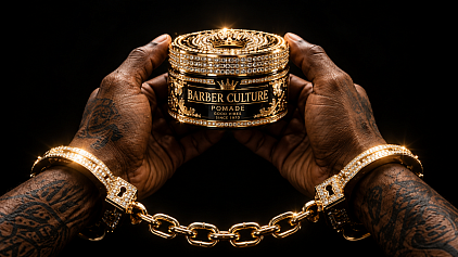 Jeweled pomade held in tattooed hands, blending barber culture with luxury street style.